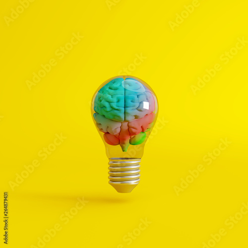 Colorful brain with a lightbulb on yellow background. Creative idea concept. 3d rendering