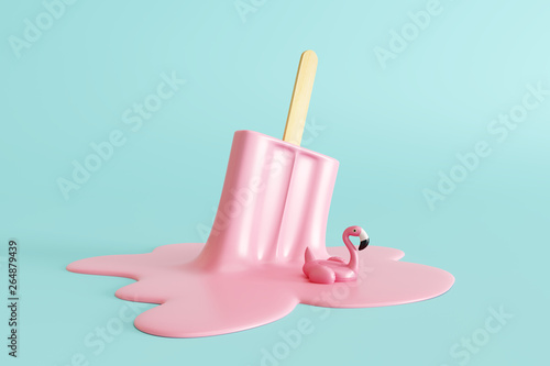 Tableau sur toile Pink stick ice cream melting with flamingo float on pastel blue background