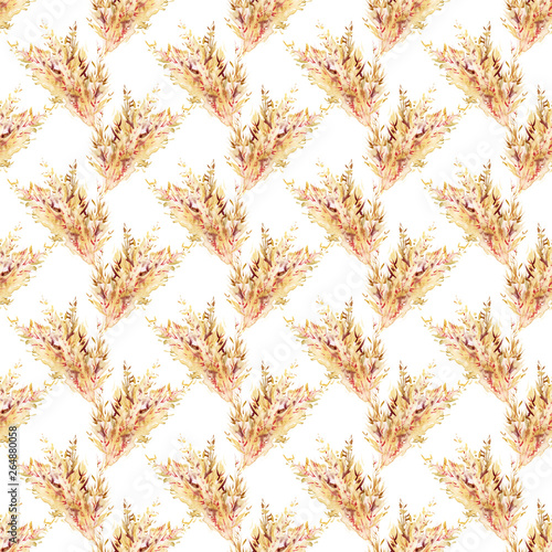 Hand drawn watercolor seamless repeated pattern with autumn yellow wheat ears. Spikelets of rye product illustration