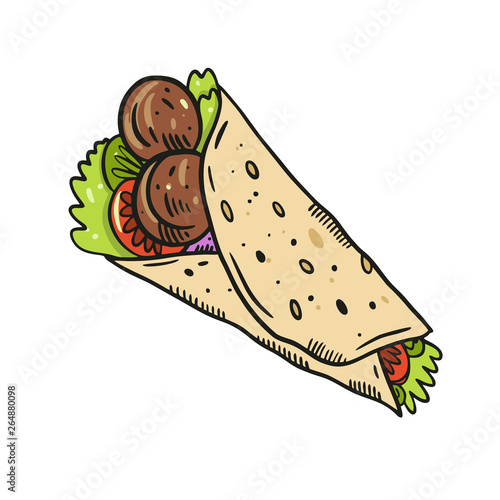 Mexican food fajita or burrito. Colorful vector illustration. Hand drawing cartoon style.