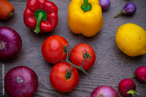 top view vegetables on wood...