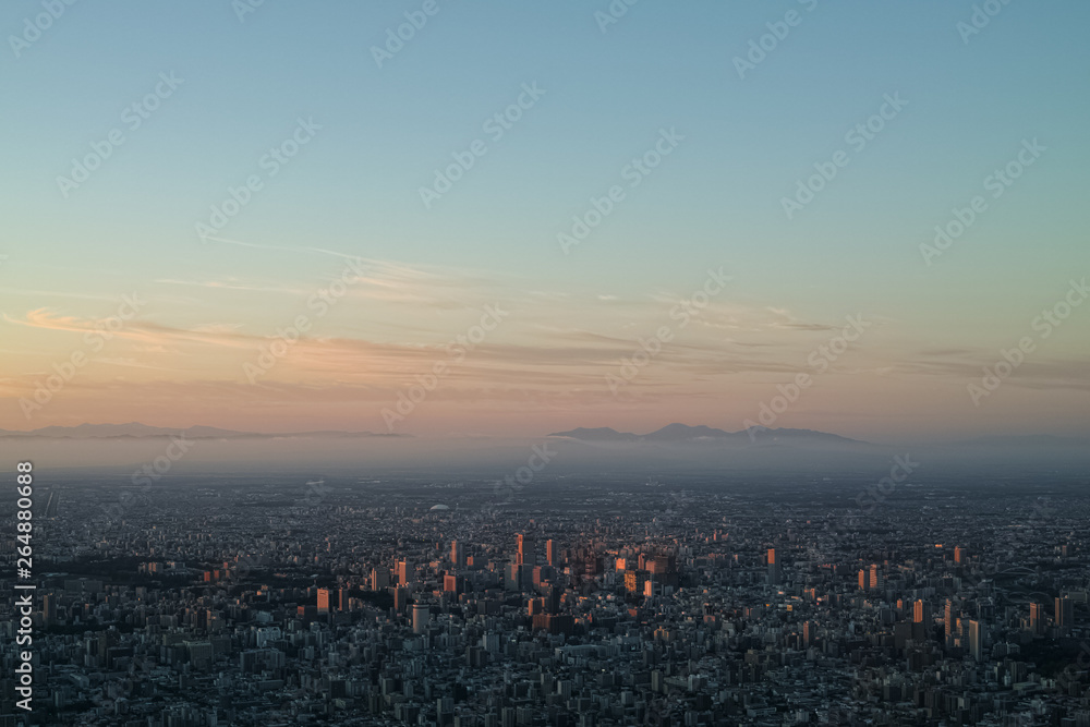 Cityscape of Sapporo at dusk from Mt. Moiwa, Hokkaido Japan
