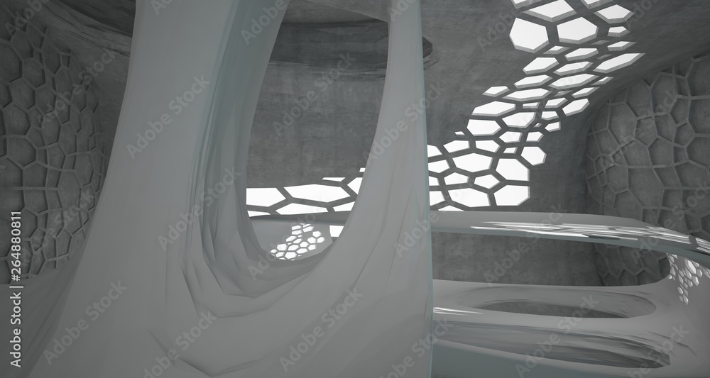 Obraz premium Abstract concrete and glass interior with neon lighting. 3D illustration and rendering.