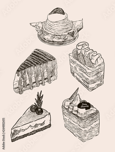 Set of cake, hand draw sketch vector.