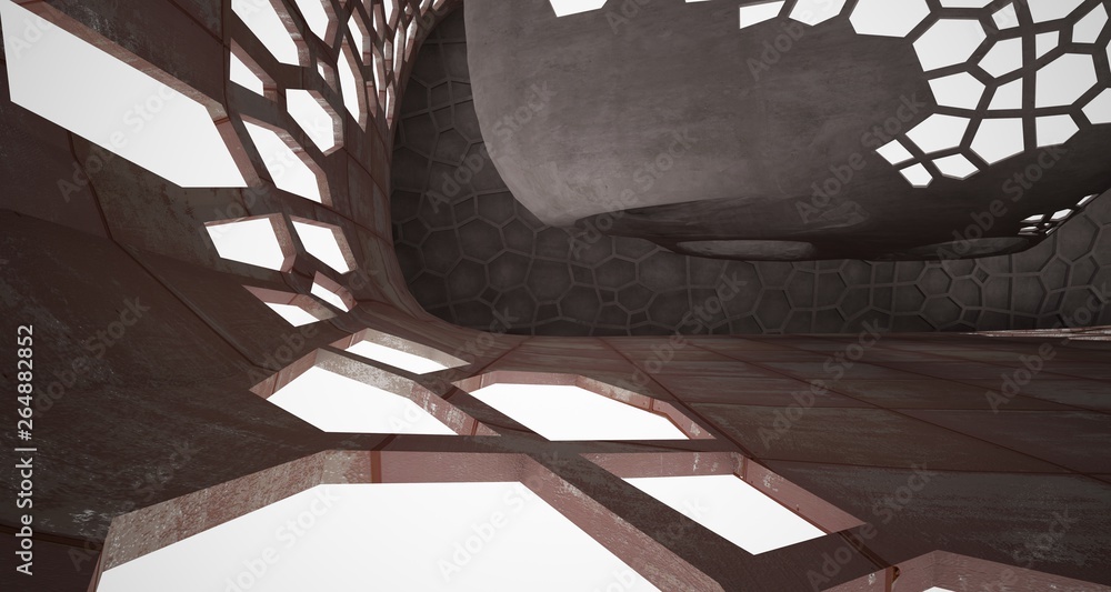 Obraz premium Abstract room interior of sheets rusted metal . Architectural background. 3D illustration and rendering