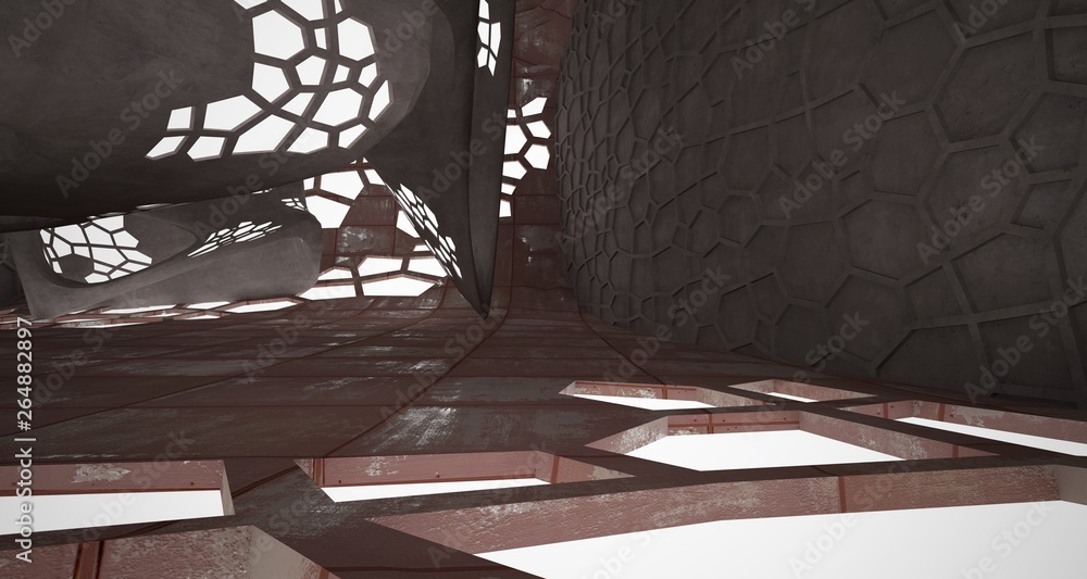 Abstract room interior of sheets rusted metal . Architectural background. 3D illustration and rendering Abstract room interior of sheets rusted metal . Architectural background. 3D illustration and rendering