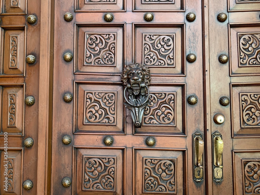Puerta de madera en cedro, con adornos de bronce y picaporte con figura de  León. foto de Stock | Adobe Stock