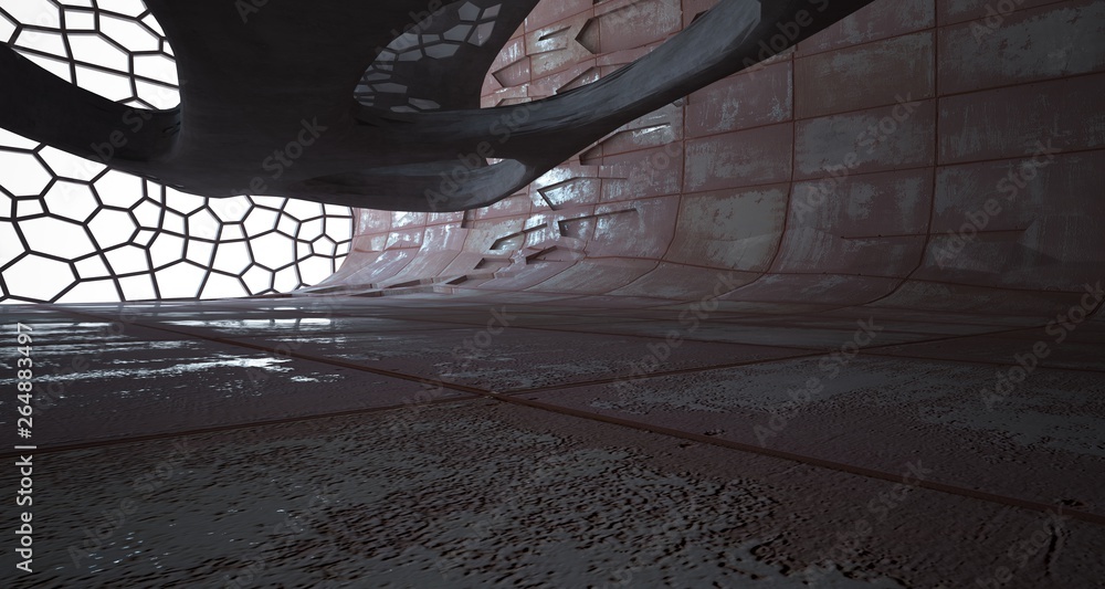 Empty abstract room interior of sheets rusted metal. Architectural background. 3D illustration and rendering Empty abstract room interior of sheets rusted metal. Architectural background. 3D illustration and rendering