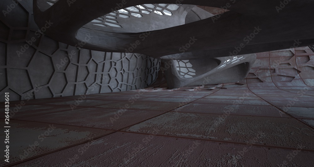 Empty abstract room interior of sheets rusted metal. Architectural background. 3D illustration and rendering Empty abstract room interior of sheets rusted metal. Architectural background. 3D illustration and rendering