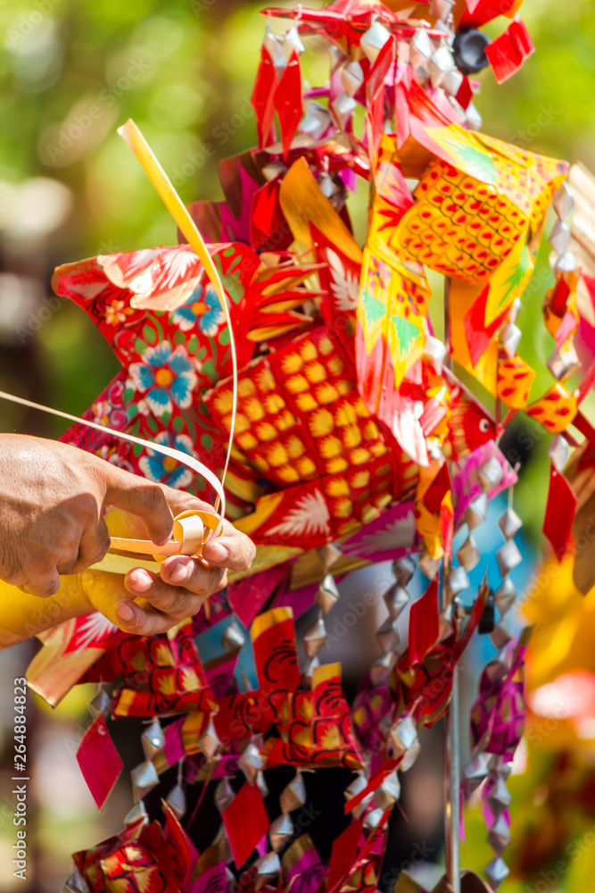 Make Thai style palm leaf carp fish mobile handicraft activities in Songkran festival. Make Thai style palm leaf carp fish mobile handicraft activities in Songkran festival.