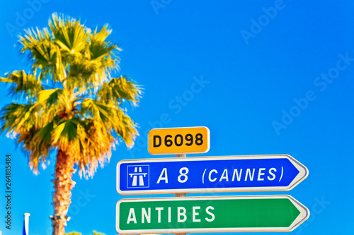 Cote d Azur road sign to Antibes and Cannes