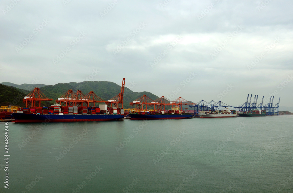 Panorama of container port with berthed ships in Busan, South Korea. 