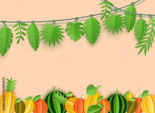 Summer tropical leaves garland and citrus fruits border in paper cut style. Craft jungle plants collection hanging on a rope on beige background. Creative vector card illustration.