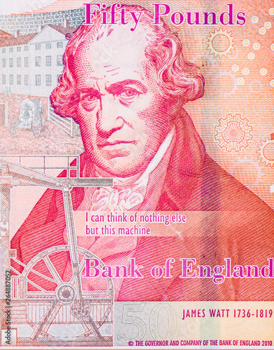 Matthew Boulton and James Watt, portrait from England money 50 Pounds Banknote. Close Up UNC Uncirculated - Collection. photo