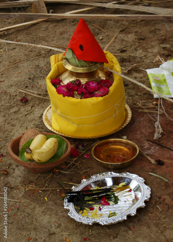 View of offerings and materials during Hindu religious rituals photo