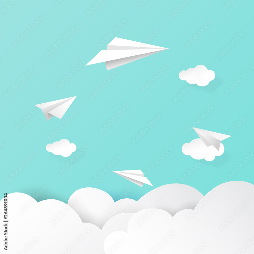 Fototapeta Papierowe samoloty latające na tle chmur i nieba. Papierowa sztuka ilustracji wektorowych koncepcja pracy zespołowej firmy.