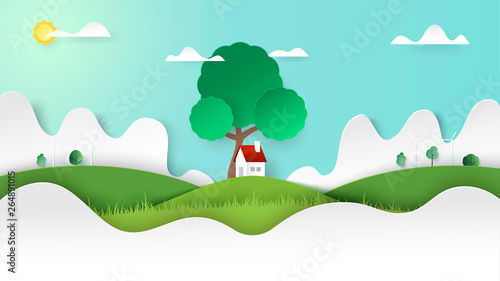 Green nature landscape and a little cottage on mountains view background template paper art style.Ecology and environment conservation creative idea concept.Vector illustration.