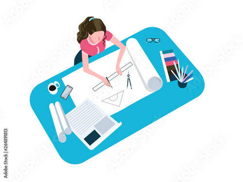 Woman drawing, sketching flat vector illustration. Female architect drafting project, working from home