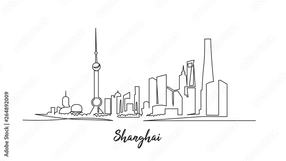 Shanghai architecture continuous one line vector drawing. Cityscape with skyscrapers hand drawn