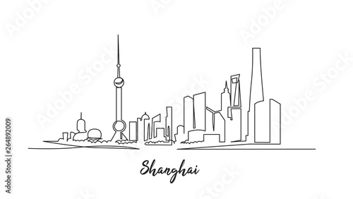 Shanghai architecture continuous one line vector drawing. Cityscape with skyscrapers hand drawn