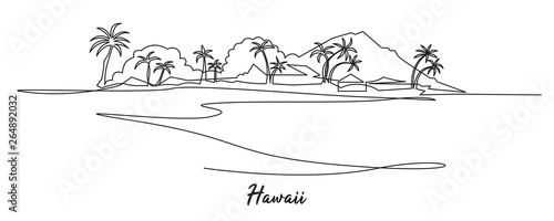 Hawaii landscape continuous one line drawing. Mountains, palms, seaside