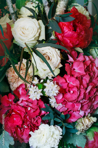 Flower background with roses, peonies, hortensias, carnations and other flowers. photo