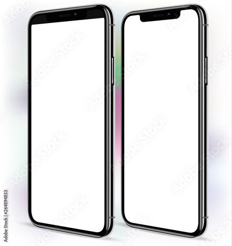 two smartphones with a glossy glass case and frameless screens of different types on a color blurred background