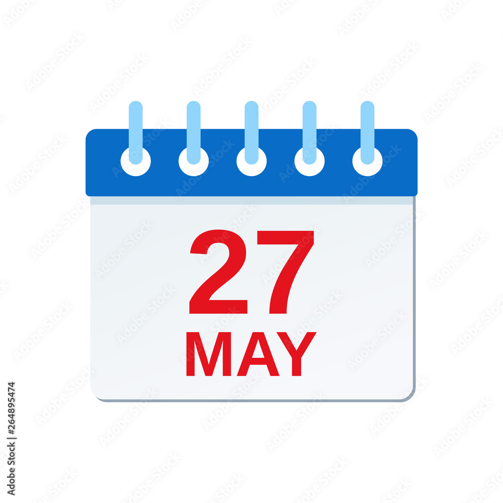 May 27 calendar icon. Memorial Day USA reminder calendar. Vector. Planner holiday date isolated on white background. Color illustration in flat design. May 27 calendar icon. Memorial Day USA reminder calendar. Vector. Planner holiday date isolated on white background. Color illustration in flat design.