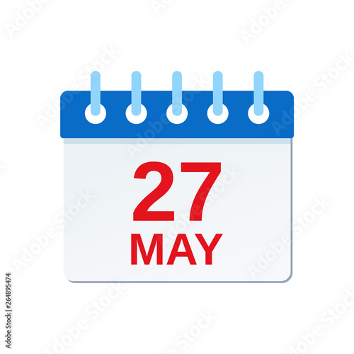 May 27 calendar icon. Memorial Day USA reminder calendar. Vector. Planner holiday date isolated on white background. Color illustration in flat design.