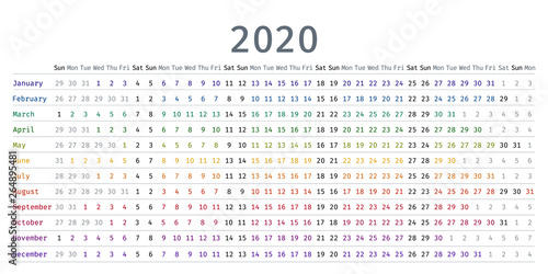 2020 calendar linear. Vector. Yearly calendar organizer. Stationery template 2020 year in simple style with months. Landscape horizontal orientation, english. Isolated illustration