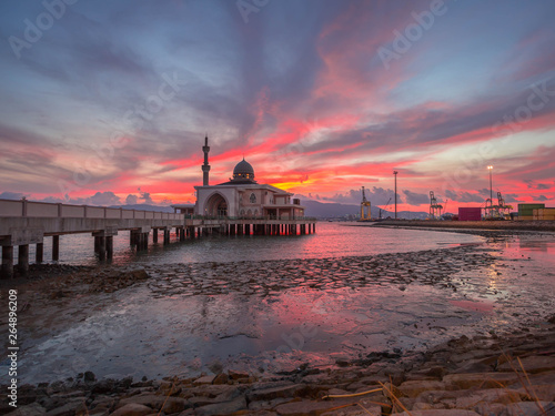 sunset view at the Floating Mosque, Penang Port, Seberang Perai, Malaysia. Soft focus due to high exposure