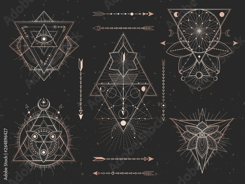 Vector set of Sacred triangle symbols and mystic figures on black grunge background. Gold abstract signs collection.