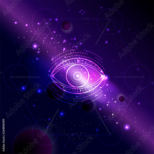 Vector illustration of Sacred or mystic symbol against the space background with galaxy and stars.