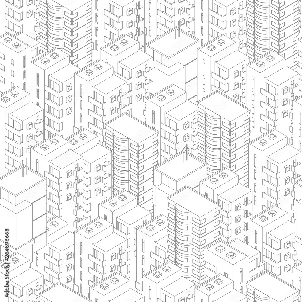 Buildings city seamless pattern. Roofs white light background. Isometric top view. Vector illustration stock. Gray lines outline contour style.