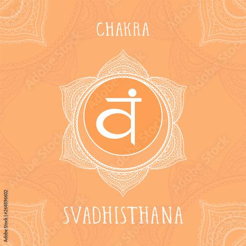 Vector illustration with symbol Svadhishana - Sacral chakra on ornamental background.