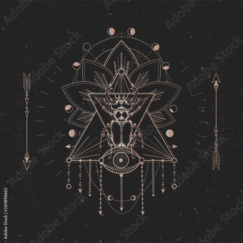 Vector illustration with hand drawn Stag beetle and Sacred geometric symbol on black vintage background. Abstract mystic sign.