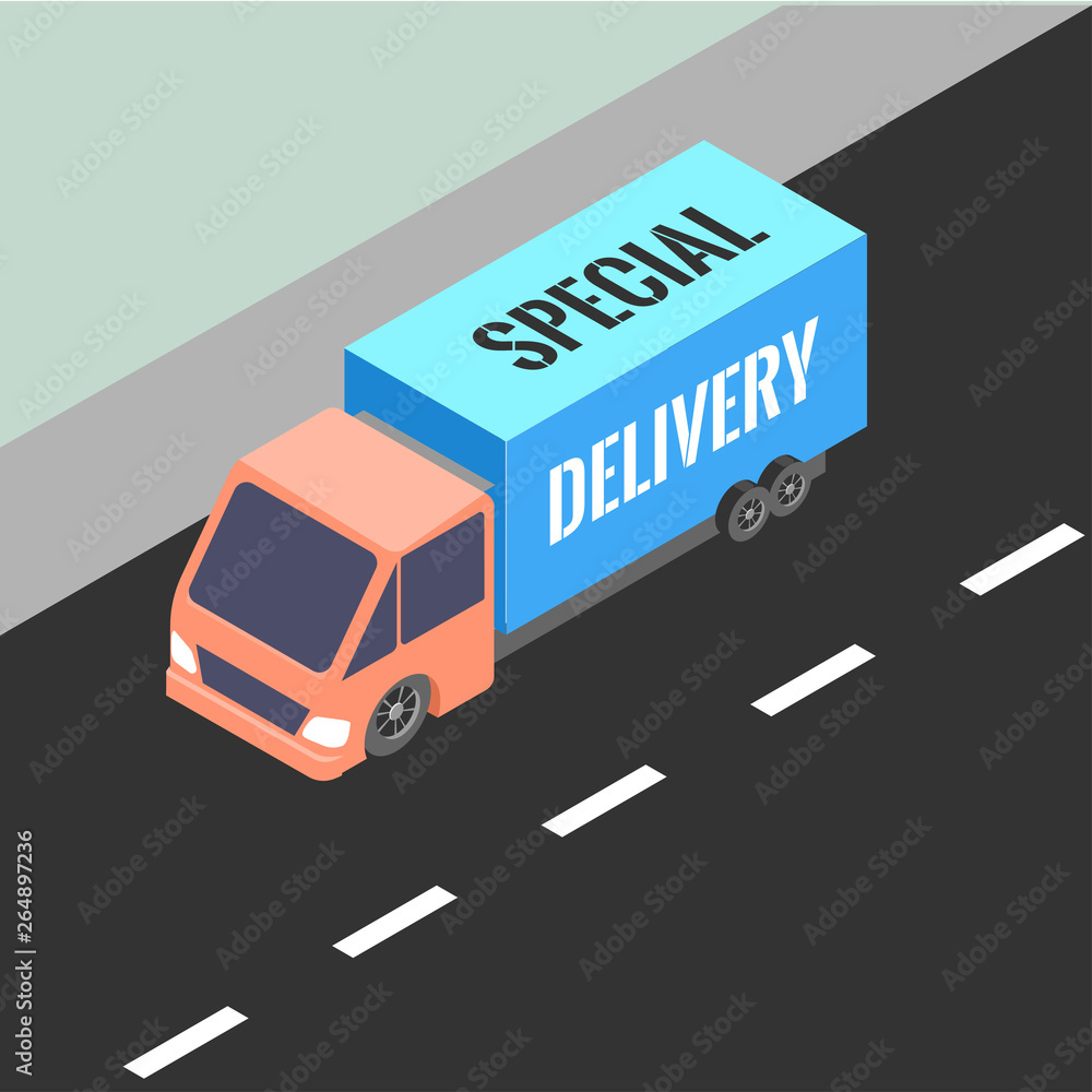 Cargo truck on road with special delivery. Vector isometric illustration. Cargo truck on road with special delivery. Vector isometric illustration.