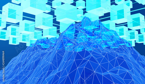 Blockchain concept 3d rendering with blue cubes and chains stands as cryptocurrency digital code chain.