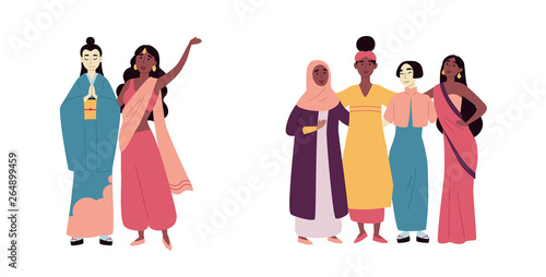 Diverse multiracial and multicultural group of people. Social diversity, friendship. African, asian, muslim, indian women.