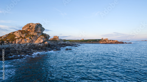 Panoramic view over the Breton coastline in the soft light of sunrise, France, Brittany, Finistere