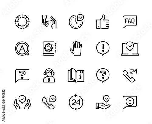 Online support line icons. Service customer help information chat call assist info user manual guide. Customers support app vector set photo