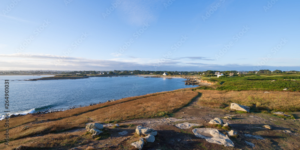 Panoramic view over the Breton landscape in the soft light of sunrise, France, Brittany, Finistere