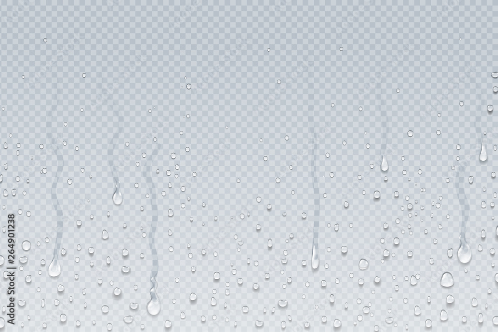 Water drops background. Shower steam condensation drips on transparent