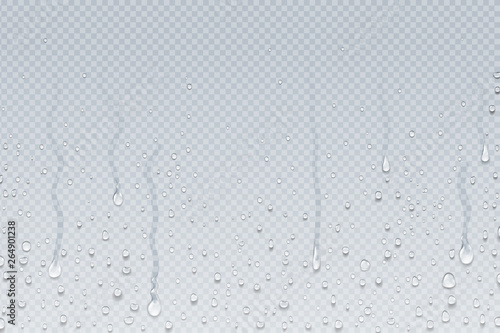 Water drops background. Shower steam condensation drips on transparent glass, rain drops on window. Vector realistic shower water drops photo