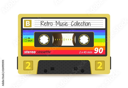 Retro cassette. Vintage 1980s mix tape  stereo sound record technology  old school dj rave party. Vector audio tape label design