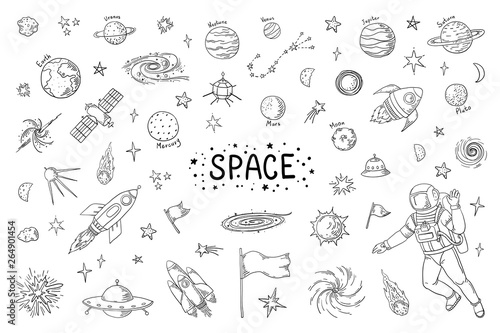 Doodle space. Trendy universe pattern, star astronaut meteor rocket comet astronomy elements. Vector cosmic pencil sketch elements drawing