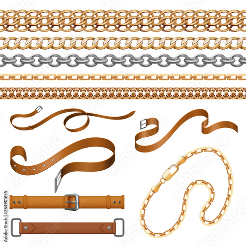 Chains and braids. Bracelets leather belts and golden furniture elements, ornamental jewellery set. Vector shiny elegant fabric and buckle set