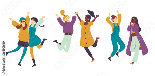 Dancing people, female dancers Asian girls having fun. Young women enjoying dance party.