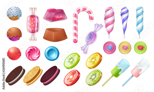 Lollipops and candies. Chocolate and toffee round sweets, caramel bonbon marshmallow and gummy. Vector jellies candies realistic set on white background