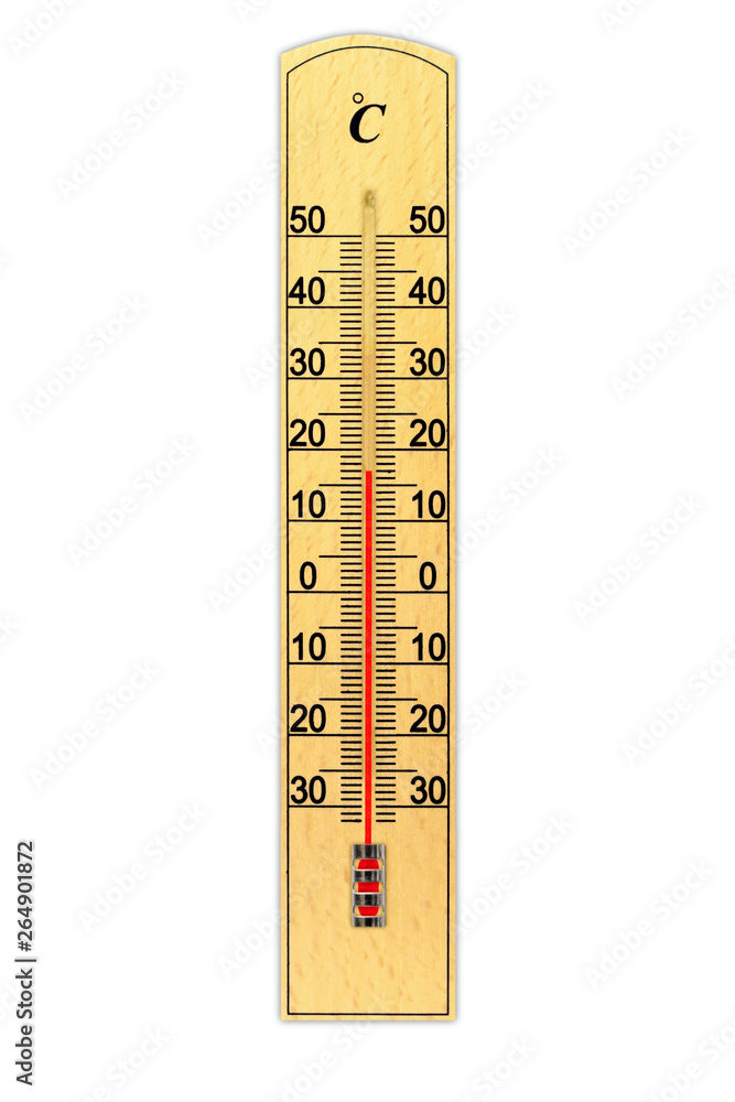 Wooden celsius scale thermometer isolated on white background. Thermometer shows air temperature plus 17 degrees Wooden celsius scale thermometer isolated on white background. Thermometer shows air temperature plus 17 degrees